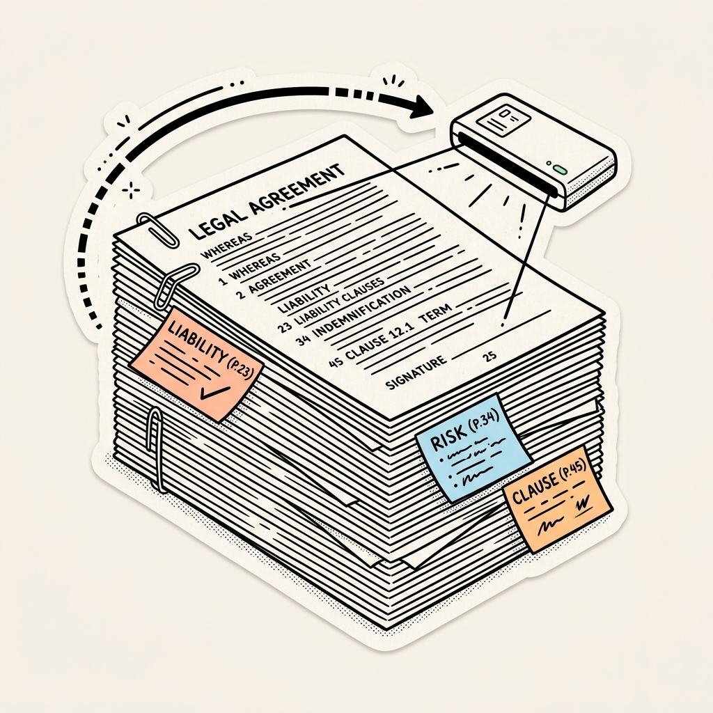 50-page legal agreement document stack with laser scanner