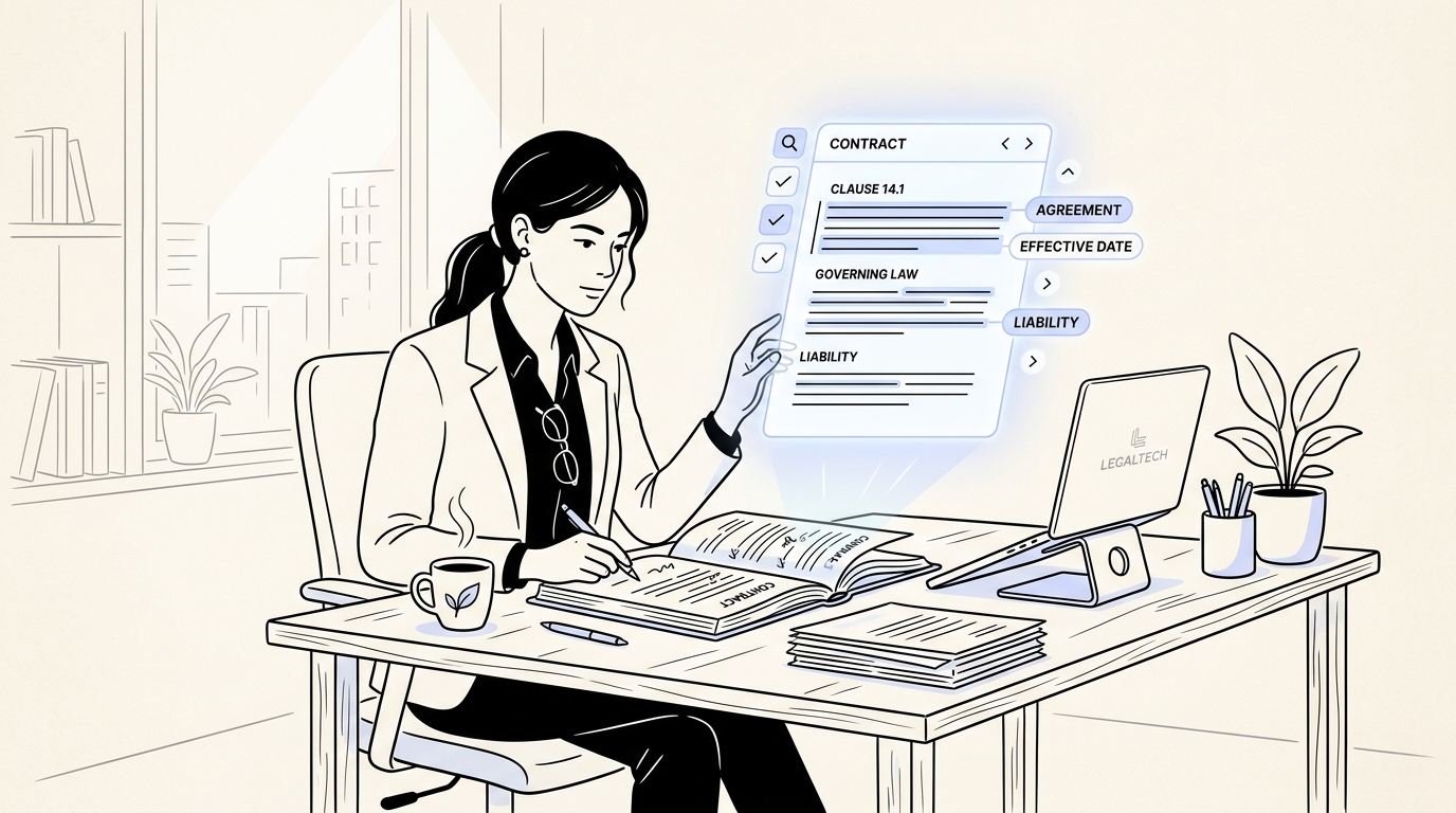 Solo attorney reviewing a 50-page legal contract with BriefHQ AI